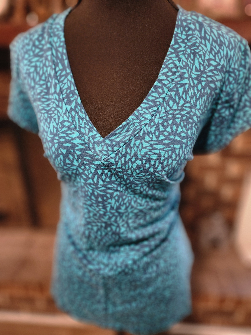 Navy And Teal Printed V-Neck Short Sleeve Shirt